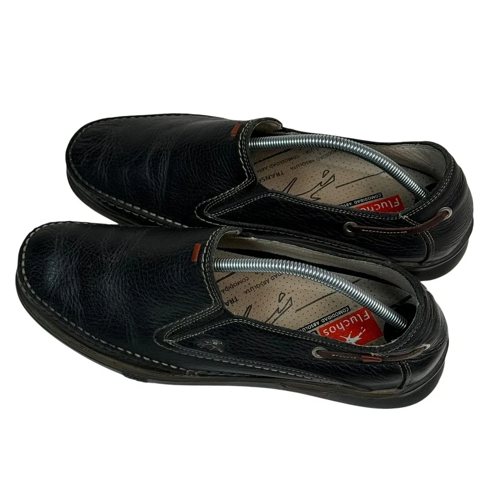 Fluchos Mens Black Pebbled Leather Slip On Loafers Spain EU 44 Shock Absorb